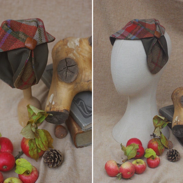 Herbst TARTAN TWEED Kariert Haarreif Half Hat Grün Rot Braun Wolle // Headpiece Vintage Business Landadel Britisch // Warm Haarausfall breit