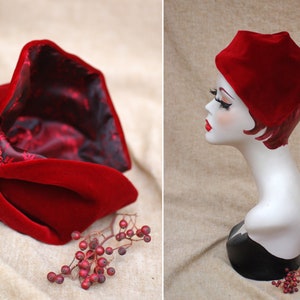 Wine Red Velvet Half Hat // Headpiece Vintage 30s 20s Art Deco // Diva Headband Fascinator accesories Valentines // engagement gift idea image 7