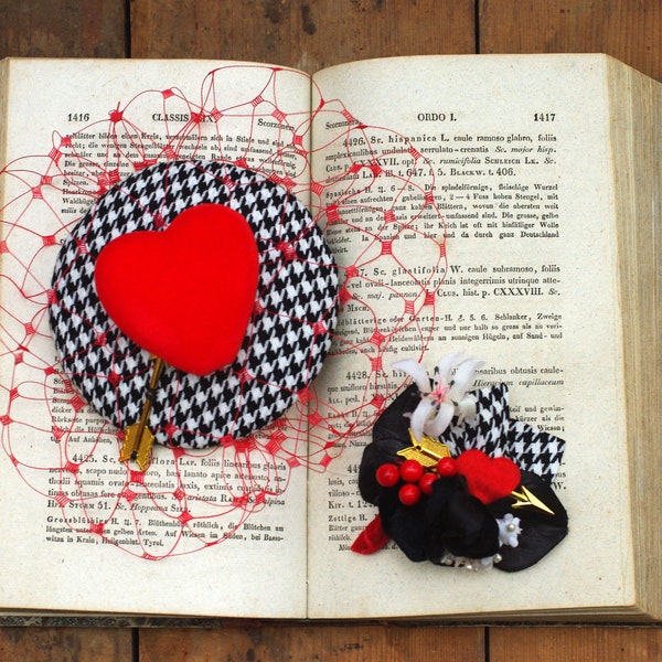 Valentin Herz : Headpiece Fascinator mit Schleier schwarz weiss rot Verlobung Hochzeit Haarschmuck Kopfschmuck Hahnentritt Pepita Muster