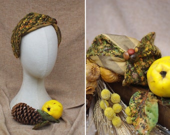 TWEED & SILK Half Hat Headpiece // Vintage style 30s 40s // Headband Fascinator green brown curry yellow Fall Autumn colors Leather buttons
