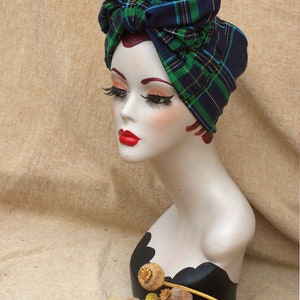 NAVY blue & GREEN Tartan Turban Headband organic cotton jersey // Vintage 40s 50s Rockabilly Retro Bow Pin Up Rockabella checked plaid image 10