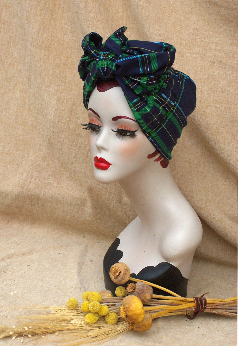 NAVY blue & GREEN Tartan Turban Headband organic cotton jersey // Vintage 40s 50s Rockabilly Retro Bow Pin Up Rockabella checked plaid image 10