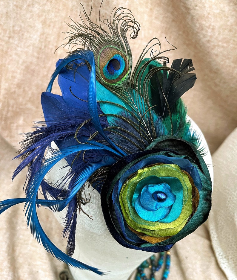 Headpiece Julietta bridal fascinator turquoise teal gold green peacock wedding bridesmaid bride vintage boho feathers ascot roaring twenties image 7