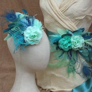 Bridal Sash & Headpiece aqua blue mint green pastell teal turquoise // vintage wedding belt Fascinator // Bride Peacock feathers Bridesmaid image 3