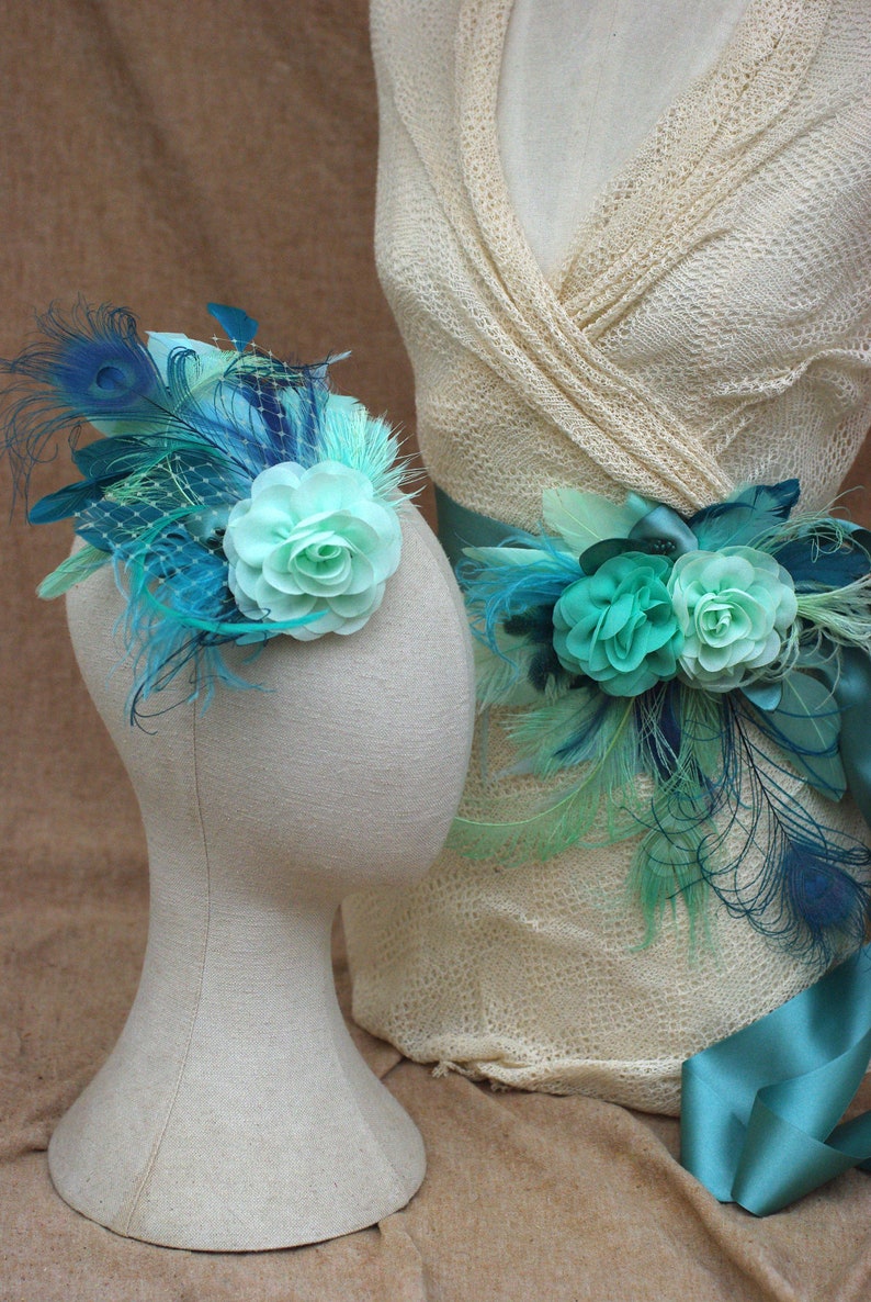 Bridal Sash & Headpiece aqua blue mint green pastell teal turquoise // vintage wedding belt Fascinator // Bride Peacock feathers Bridesmaid image 3