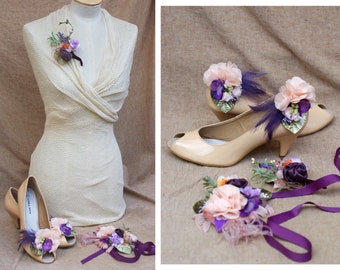 Bridal Set: Corsage, Boutineer & Shoe Clips. Vintage bridal pastel colors. Wedding colors green lavender nude blush. Bridesmaids rural style