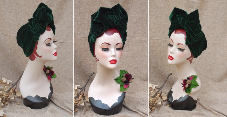 DEEP GRREN Velvet Turban Headband & Brooch // Vintage 40s 30s // Retro Art Nouveau //burgundy green red bow // acorns // Jazzafine image 1