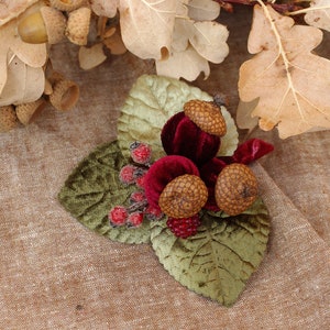 BURGUNDY Velvet Turban Headband & Brooch // Vintage 40s 30s // Retro Art Nouveau // deep red green velvet bow wine red acorns // Jazzafine image 8