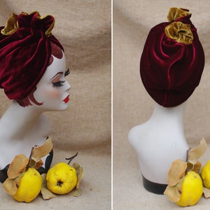 Two tones Turban: wine red / burgundy & gold VELVET // Full Cap Vintage style diva 30s 40s Retro accessories / cancer hair lost Art nouveau image 6