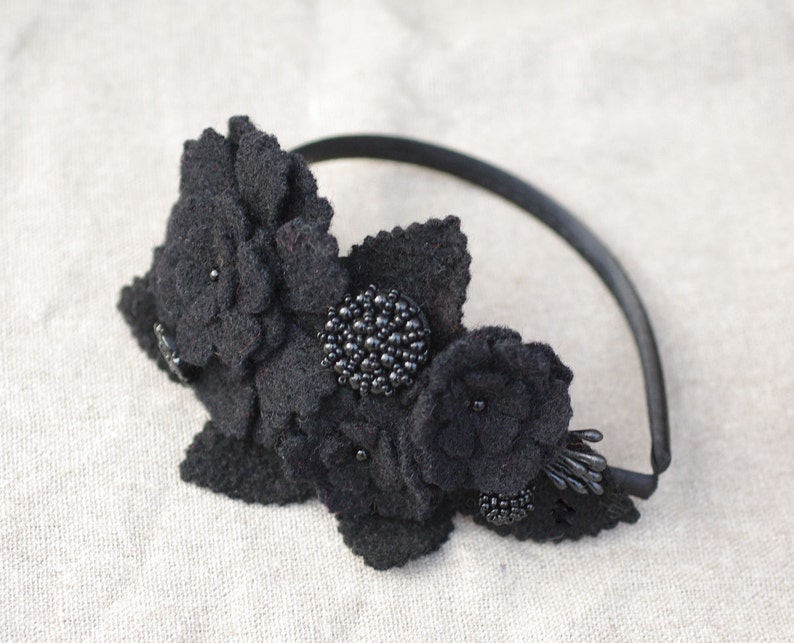 Victorian Style Headband style wool black winter ethno hippie festival russian carpatian Bucovina headpiece fascinator alice band gothik image 5