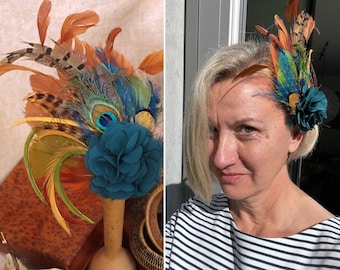 Fall colors Headpiece Teal gold green rusty // Fascinator with Peacock Pheasant feathers // autumn or winter wedding bridesmaids boho bride