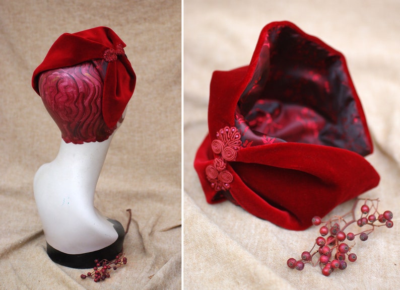 Wine Red Velvet Half Hat // Headpiece Vintage 30s 20s Art Deco // Diva Headband Fascinator accesories Valentines // engagement gift idea image 8