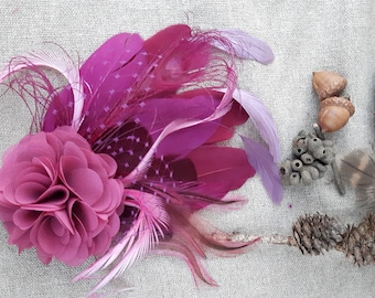 Headpiece fascinator feathers burlesque purple plum pink mauve head flower bridal bridesmaid wedding vintage pink rose winered magenta