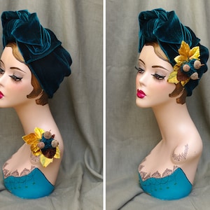 PEACOCK GREEN / TEAL Velvet Turban Headband & Brooch // Vintage 40s 30s // Retro Art Nouveau // blue velvet bow // acorns gold Jazzafine