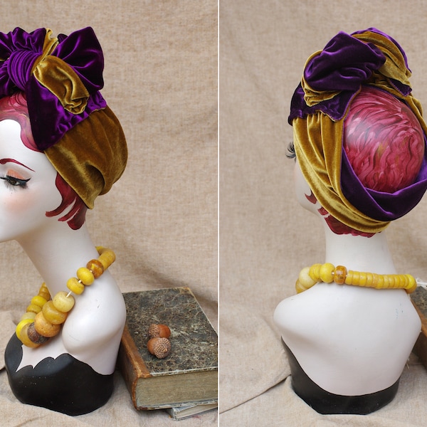 GOLD & PURPLE Velvet Turban Headband // Vintage 20s 30s roaring twenties Bow elegant mustard Art Nouveau luxurious decadent Jazzafine