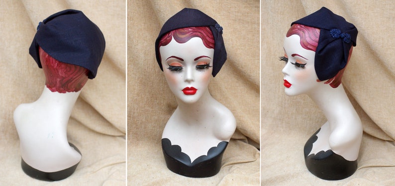 NAVY blue Half Hat pure linen Summer // Headpiece Vintage 30s 20s Art Deco // elegant Diva Look // Headband Fascinator roaring accessories image 10