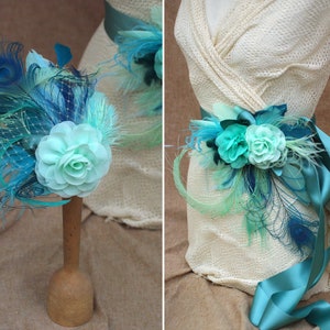 Bridal Sash & Headpiece aqua blue mint green pastell teal turquoise // vintage wedding belt Fascinator // Bride Peacock feathers Bridesmaid image 4