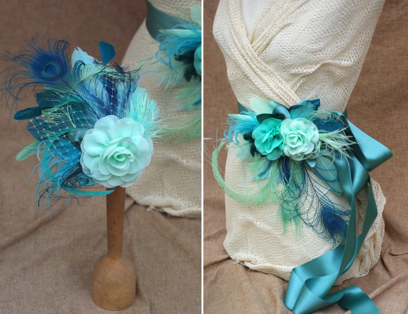 Bridal Sash & Headpiece aqua blue mint green pastell teal turquoise // vintage wedding belt Fascinator // Bride Peacock feathers Bridesmaid image 4