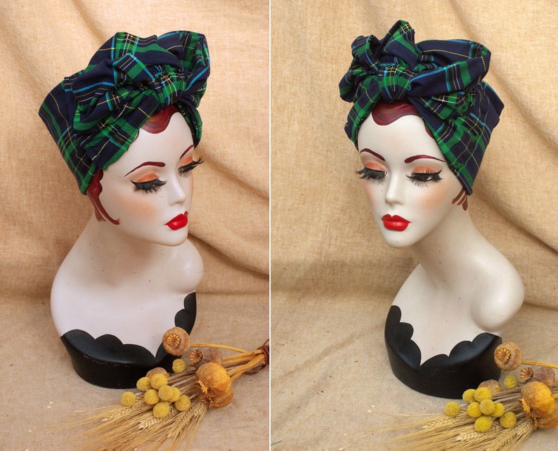 NAVY blue & GREEN Tartan Turban Headband organic cotton jersey // Vintage 40s 50s Rockabilly Retro Bow Pin Up Rockabella checked plaid image 2