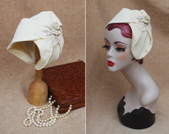 Velours et soie perle rose bijoux de mariée // bandeau demi-chapeau casque crème ivoire // style vintage années 30 40 mariage d'hiver mariée vintage