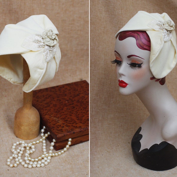 Vintage Wedding: Bridal Half Hat Velvet & Silk with Rose// Headpiece WHITE cream ivory bridal style 30s 40s Headband accessories winter