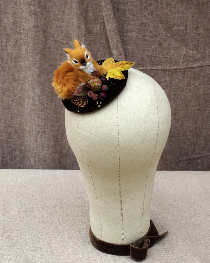 Headpiece Fascinator squirrel velvet berries chocolate brown copper elegant ascot vintage gold pets leaf fall spring ascot dots wild animal