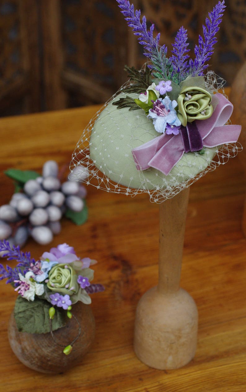 Provence lavender lilac green mint bridal headpiece fascinator corsage wedding accessoiries vintage bride bridesmaid silk fifties pastel image 2