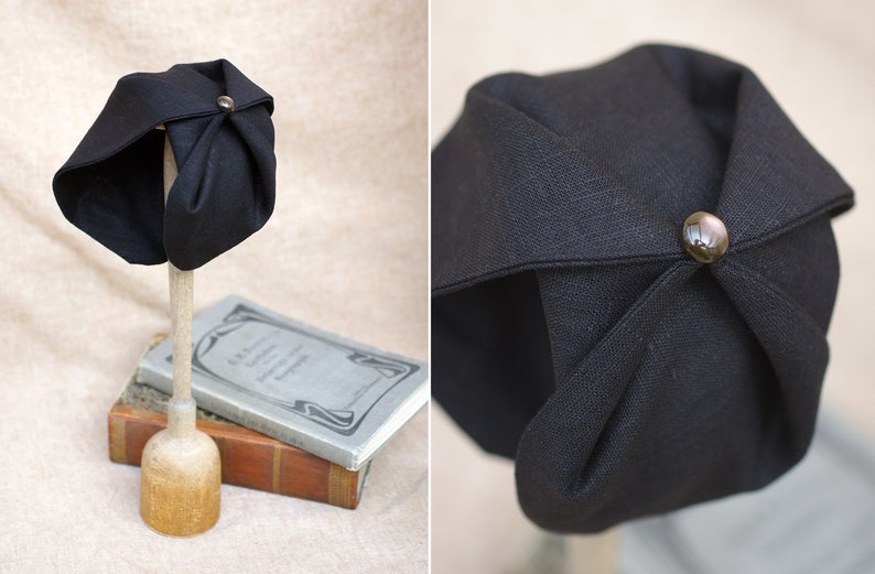 BLACK Half Hat pure linen Summer // Headpiece Vintage 30s 20s Art Deco // elegant Diva Look // Headband Fascinator black roaring accessories Perlmutt Knopf