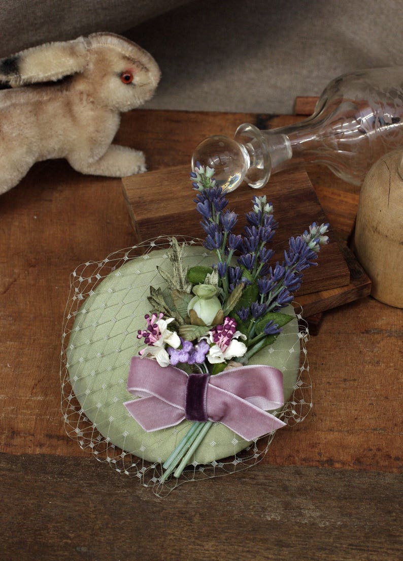 Provence lavender lilac green mint bridal headpiece fascinator corsage wedding accessoiries vintage bride bridesmaid silk fifties pastel image 3