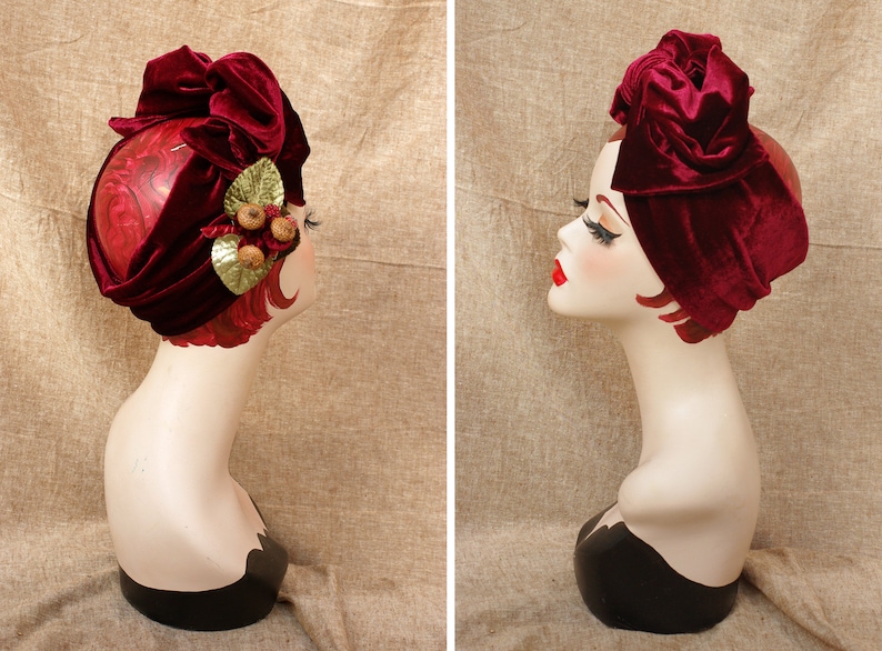 BURGUNDY Velvet Turban Headband & Brooch // Vintage 40s 30s // Retro Art Nouveau // deep red green velvet bow wine red acorns // Jazzafine image 1