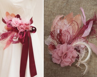 Wedding accessories: Fascinator & bridal sash. Burgundy winered dusky pink. Headpiece belt made of feathers. Vintage Bride  red accessoires