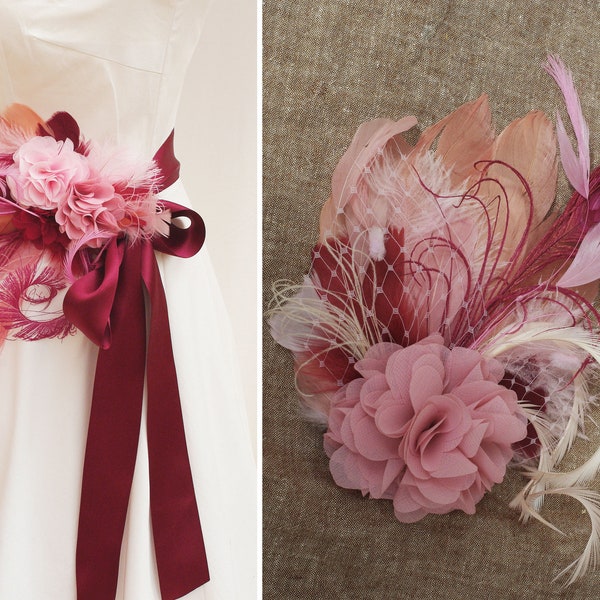 Wedding accessories: Fascinator & bridal sash. Burgundy winered dusky pink. Headpiece belt made of feathers. Vintage Bride  red accessoires