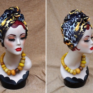 LEO / ANIMAL print : Velvet Full cap Turban // 60s Diva Look Turban // Accessories Vintage African style // brown orange yellow // Hair lost image 7