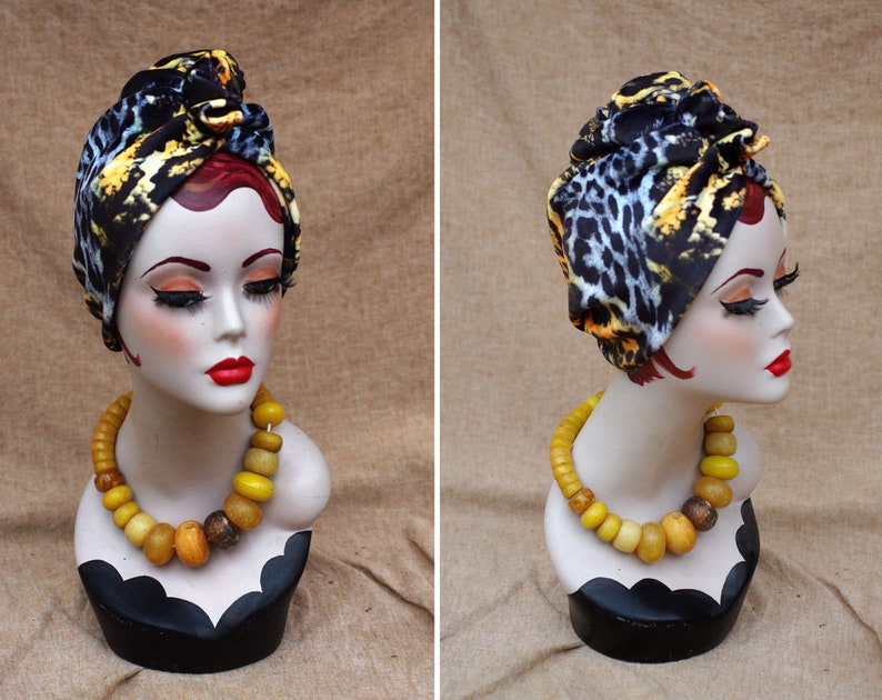 LEO / ANIMAL print : Velvet Full cap Turban // 60s Diva Look Turban // Accessories Vintage African style // brown orange yellow // Hair lost image 7