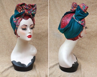 African inspired Turban Headband // accessoiries GRLS PWR teal colorful Vintage forties 40s print Pin Up Rockabilly Worker Retro Bow