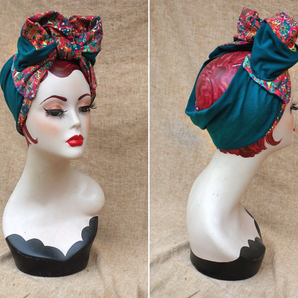 African inspired Turban Headband // accessoiries GRLS PWR teal colorful Vintage forties 40s print Pin Up Rockabilly Worker Retro Bow