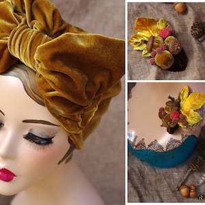 GOLDEN autumn Velvet Turban / Headband & Brooch for FALL / Vintage 40s 30s / Retro Art Nouveau Bow acorns / Urban image 10