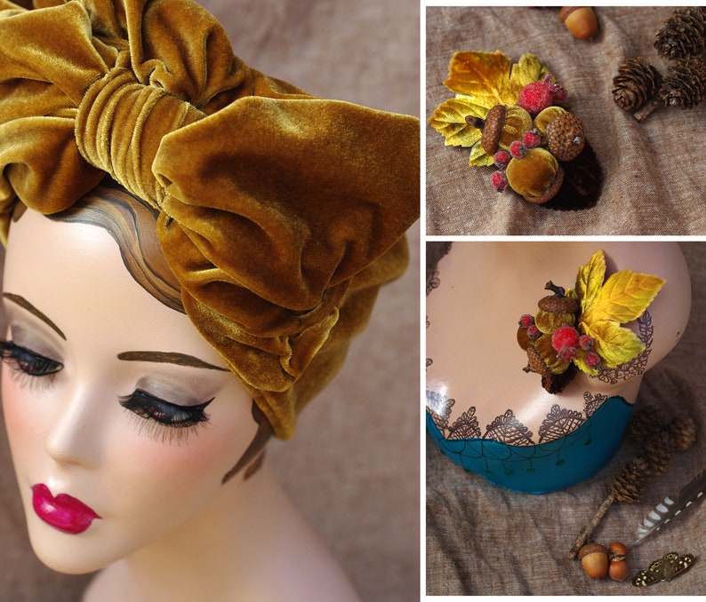 GOLDEN autumn Velvet Turban / Headband & Brooch for FALL / Vintage 40s 30s / Retro Art Nouveau Bow acorns / Urban image 10