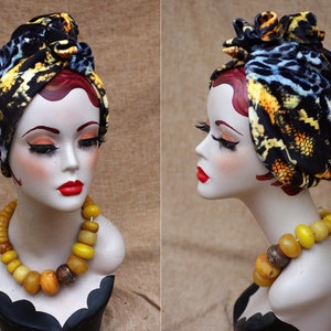 LEO / ANIMAL print : Velvet Full cap Turban // 60s Diva Look Turban // Accessories Vintage African style // brown orange yellow // Hair lost image 1