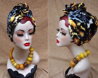 LEO / ANIMAL print : Velvet Full cap Turban // 60s Diva Look Turban // Accessories Vintage African style // brown orange yellow // Hair lost