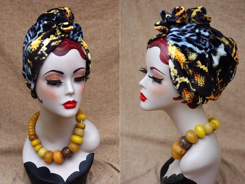 LEO / ANIMAL print : Velvet Full cap Turban // 60s Diva Look Turban // Accessories Vintage African style // brown orange yellow // Hair lost image 1