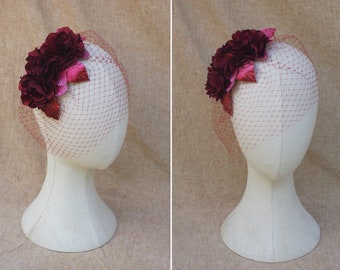 Wine red fascinator // deep red dusky pink vintage headpiece // fifties bird cage // wedding bridal bride bridesmaids accessories retro