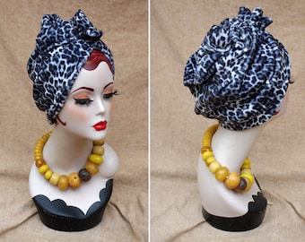 LEO / ANIMAL print : Velvet Full cap Turban // 60s Diva Look Turban // Accessories Vintage African style // black white gray // Hair lost