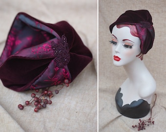 Wine purple red Velvet & Taffeta Half Hat // Headpiece Vintage 30s 20s Aer Deco // Headband Fascinator burgundy // accesories