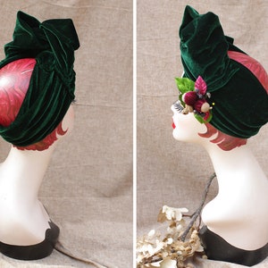 DEEP GRREN Velvet Turban Headband & Brooch // Vintage 40s 30s // Retro Art Nouveau //burgundy green red bow // acorns // Jazzafine image 8