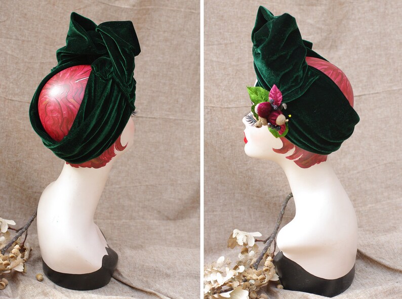 DEEP GRREN Velvet Turban Headband & Brooch // Vintage 40s 30s // Retro Art Nouveau //burgundy green red bow // acorns // Jazzafine image 8