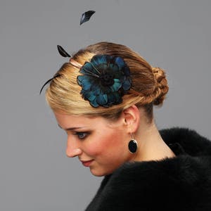 Fascinator headpiece bridesmaid deep green huntress pheasant Feathers Ascot black wedding british minimalistic navy teal turquoise peacock image 1