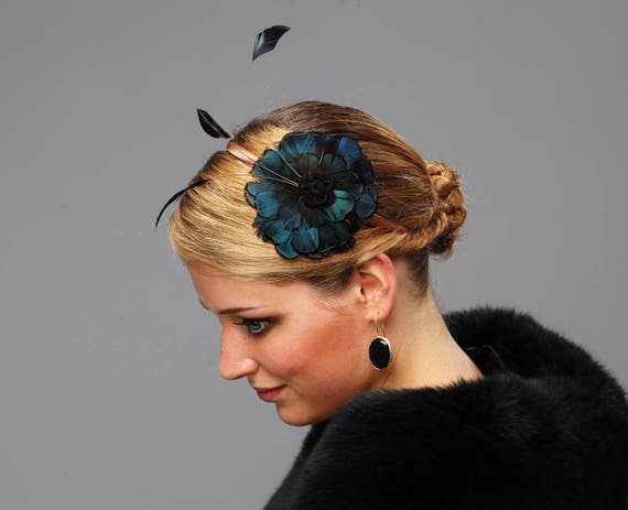 Elegant Black and Teal Feathered Fascinator Tea Party Fascinator Hat – Teal Feather Design - Masquerade  main image 4