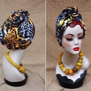 LEO / ANIMAL print : Velvet Full cap Turban // 60s Diva Look Turban // Accessories Vintage African style // brown orange yellow // Hair lost image 5