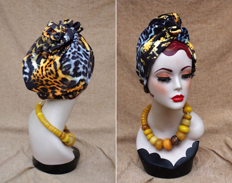 LEO / ANIMAL print : Velvet Full cap Turban // 60s Diva Look Turban // Accessories Vintage African style // brown orange yellow // Hair lost image 5